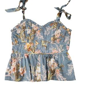 Christy Lynn Floral Tie Strap Peplum Top L Blue Cotton Silk Smocked Back Blouse